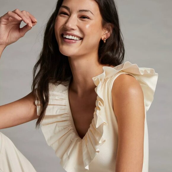 Maeve by Anthropologie Tina Ruffled Tank Top in Cream White size Small - Picture 4 of 10